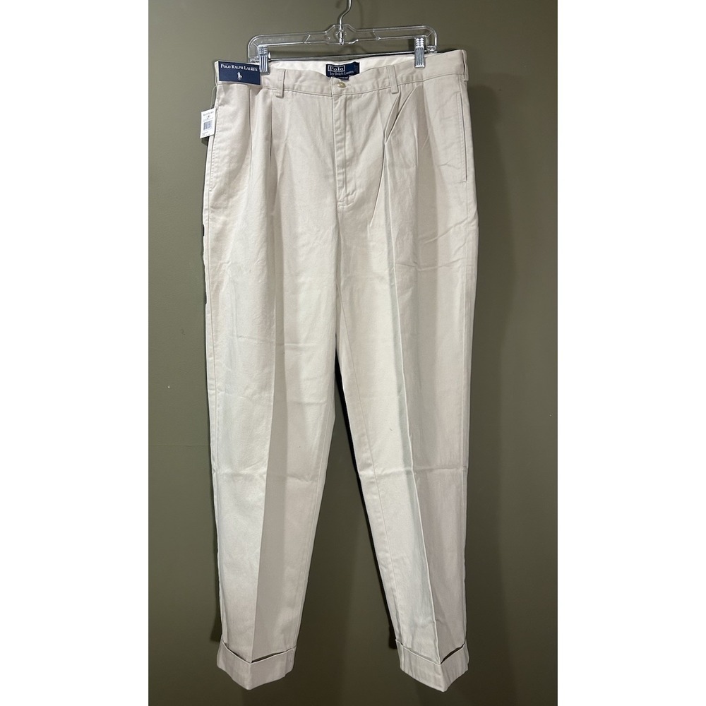 Vtg Polo Ralph Lauren Hammond Chino Pants Mens Sz 38x32 Tan Pleated Cuffed NWT